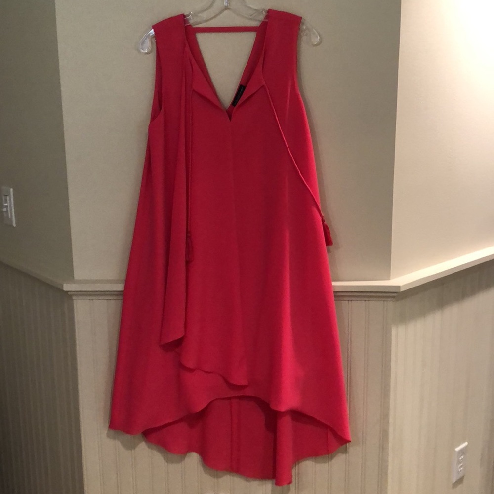 High/Low Pink tribal femme dress, tassel ties, XS